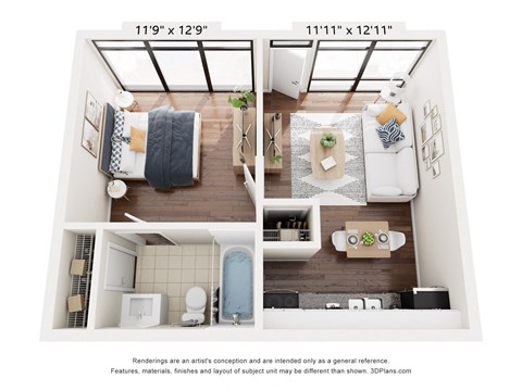 a 1 bedroom floor plan with a bathroom and a living room